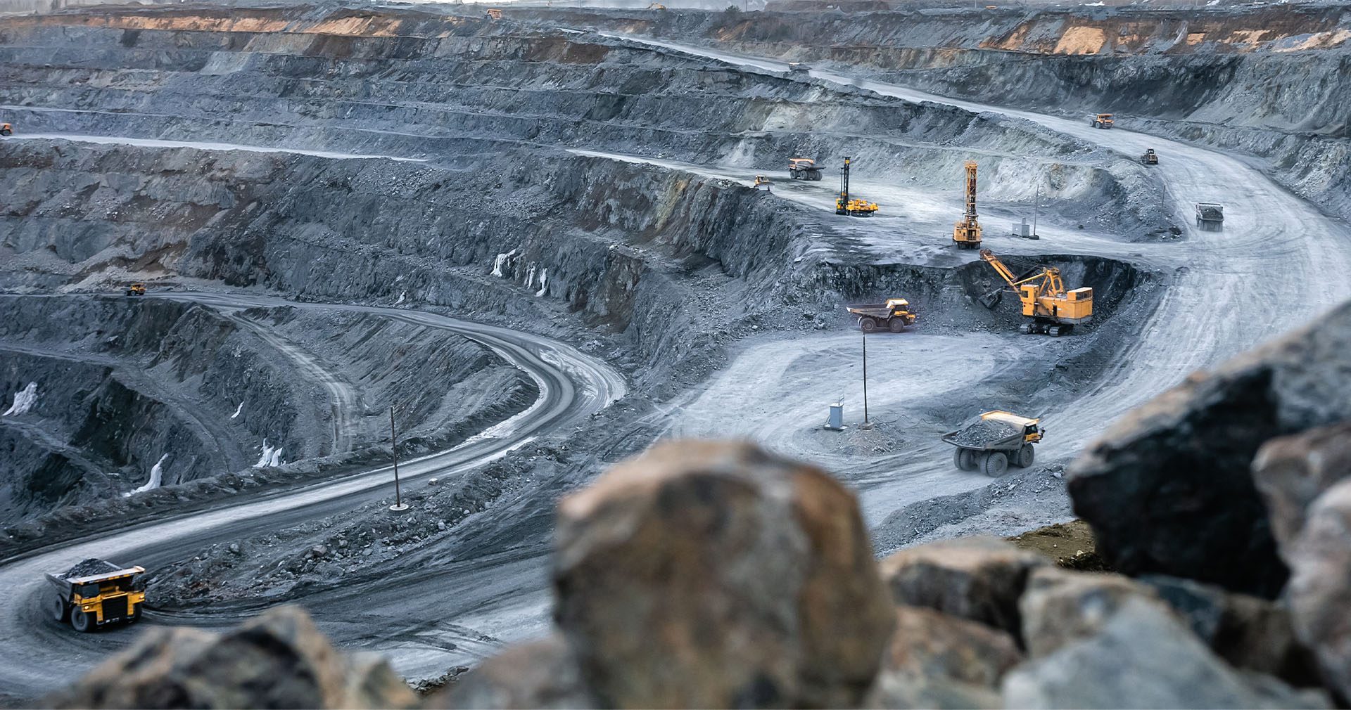 Work of heavy equipment in an open pit for mining